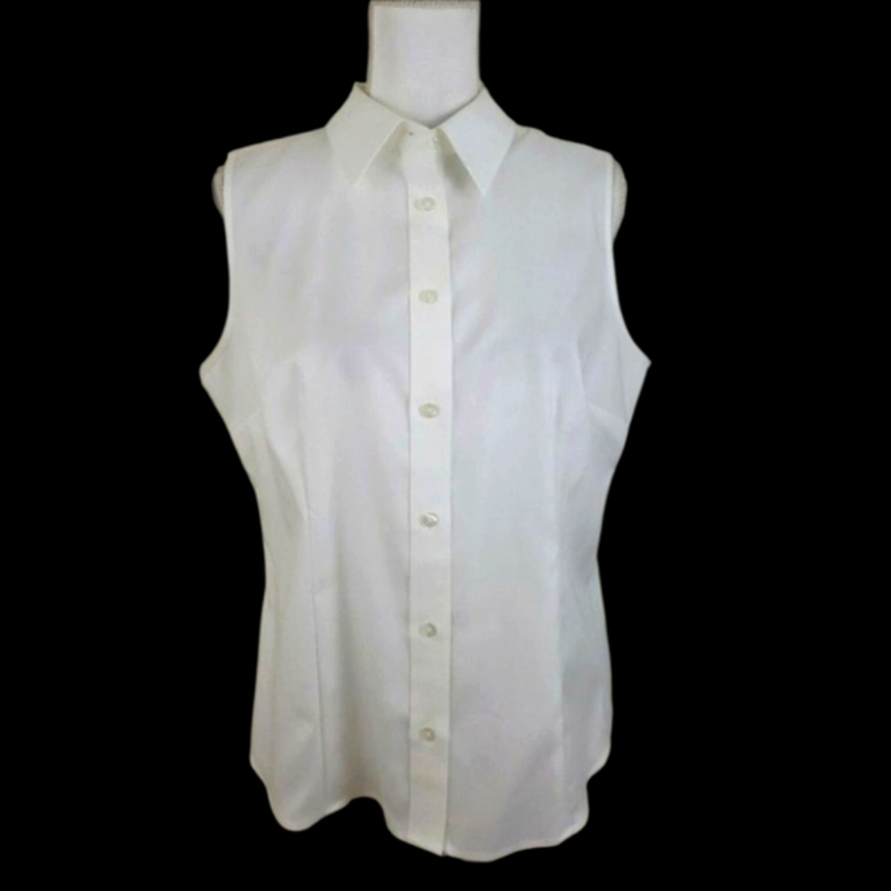 KASPER ~Woman Size 14 Petite~ White Sleeveless Button-Up Shirt Top Non-Iron NWOT